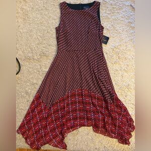 Just Taylor red blue Sleeveless Fit & Flare Handkerchief Hem midi Dress 6  NWT